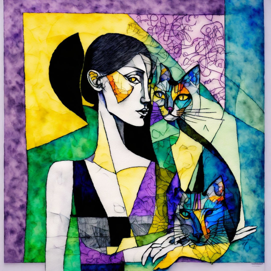 Colorful Cubist-Style Artwork: Woman with Geometric Features Holding Cat