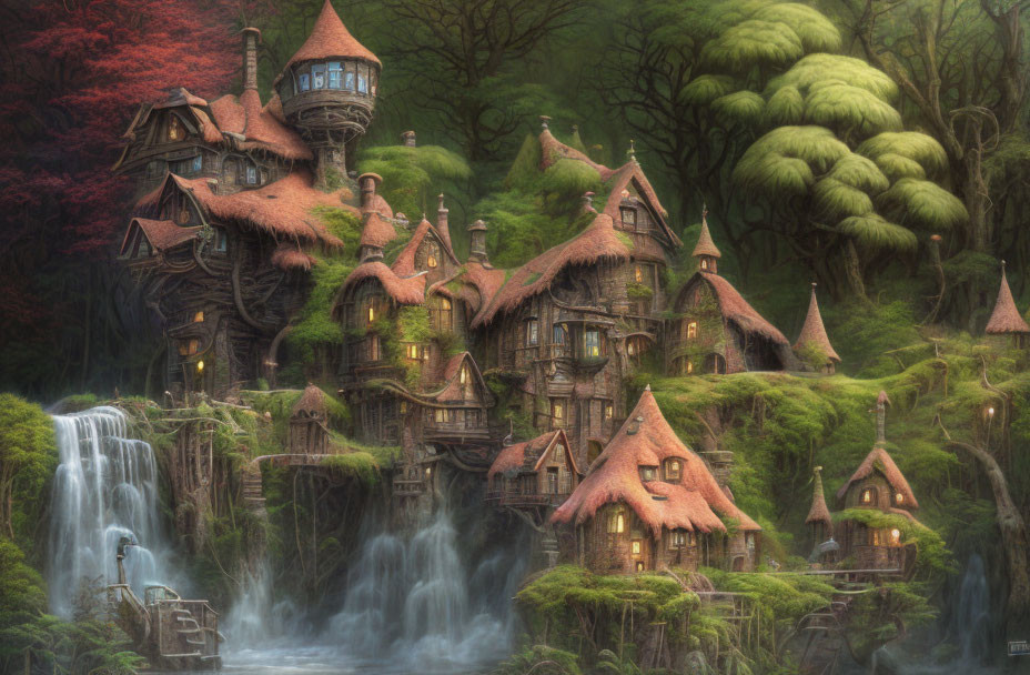 Whimsical fantasy village with thatched-roof houses and waterfalls