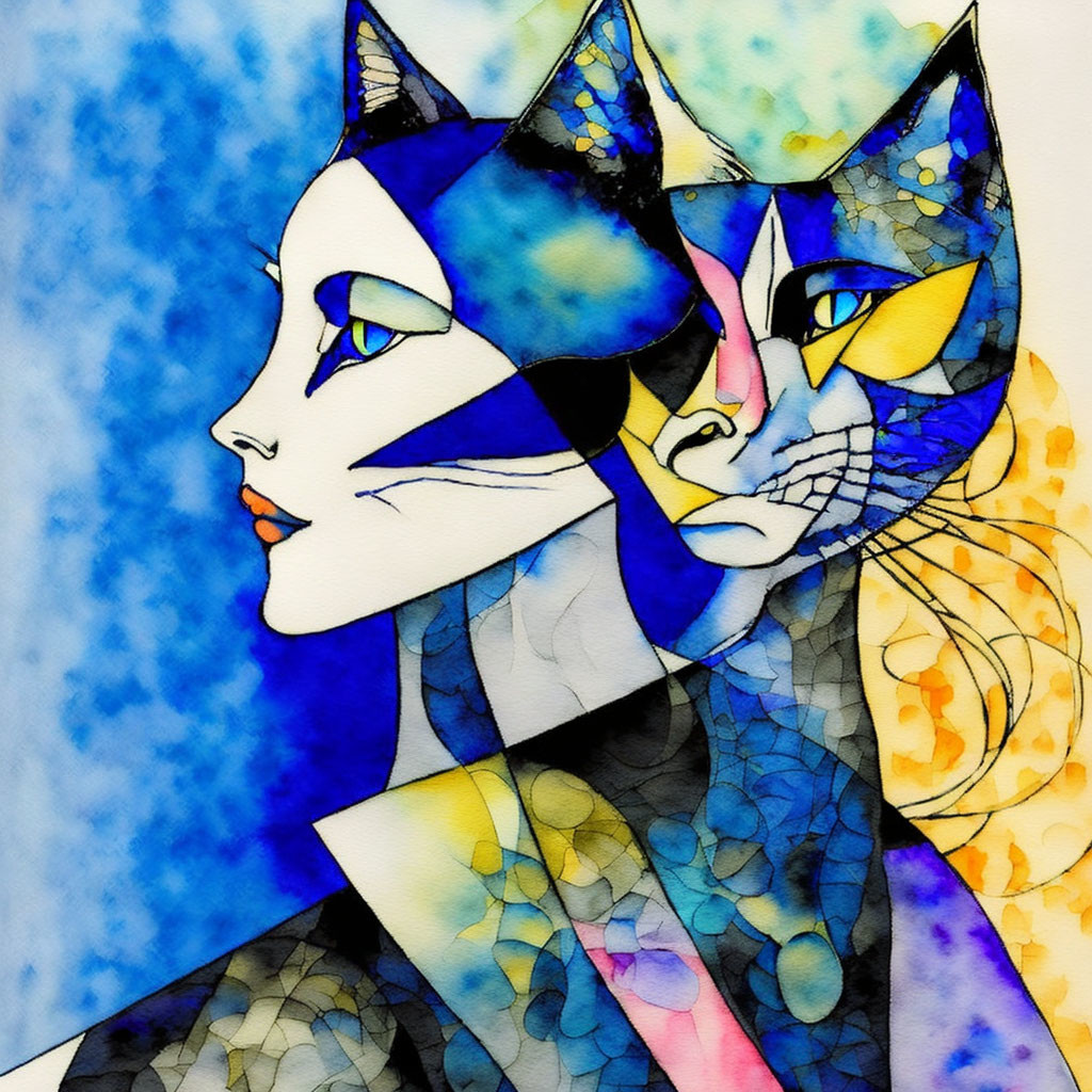 Vibrant Cubist-Style Cat Painting in Bold Colors