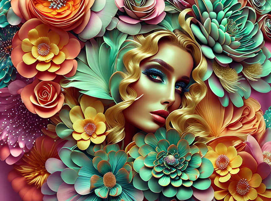 Vibrant digital artwork: Woman's face with pink, teal, and gold floral elements