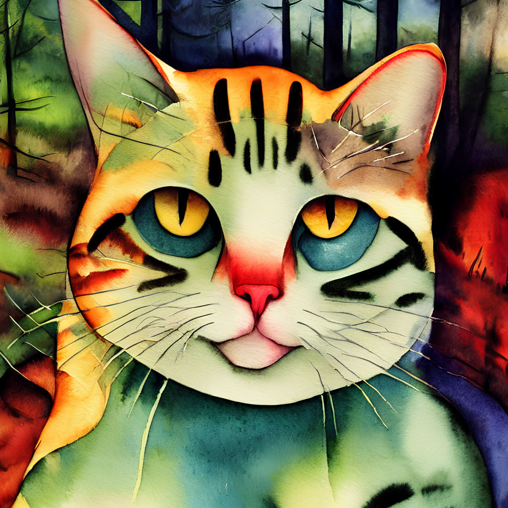 Vibrant cat illustration with yellow eyes and colorful fur on forest background