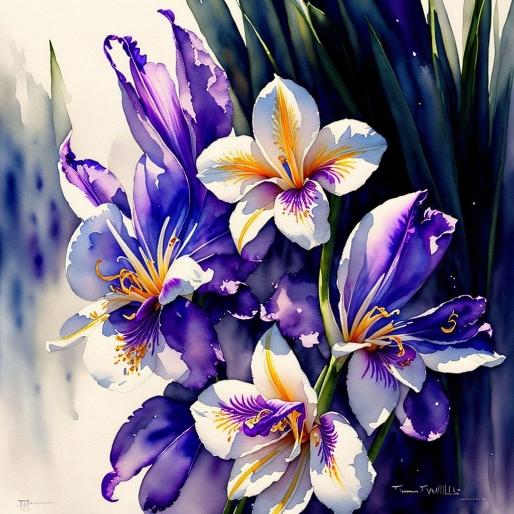 Vibrant Purple and White Irises Watercolor Painting with Yellow Accents