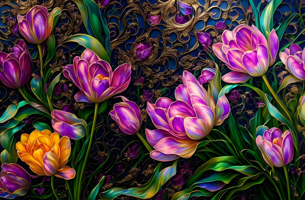 Colorful artwork: Purple and yellow tulips with gold and dark blue patterns