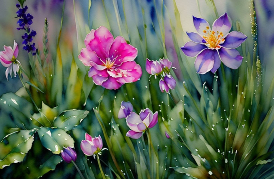 Vibrant pink and purple flowers in watercolor painting