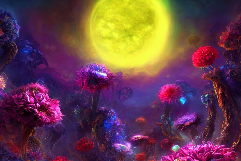 Colorful glowing plants under luminous celestial body in vibrant landscape