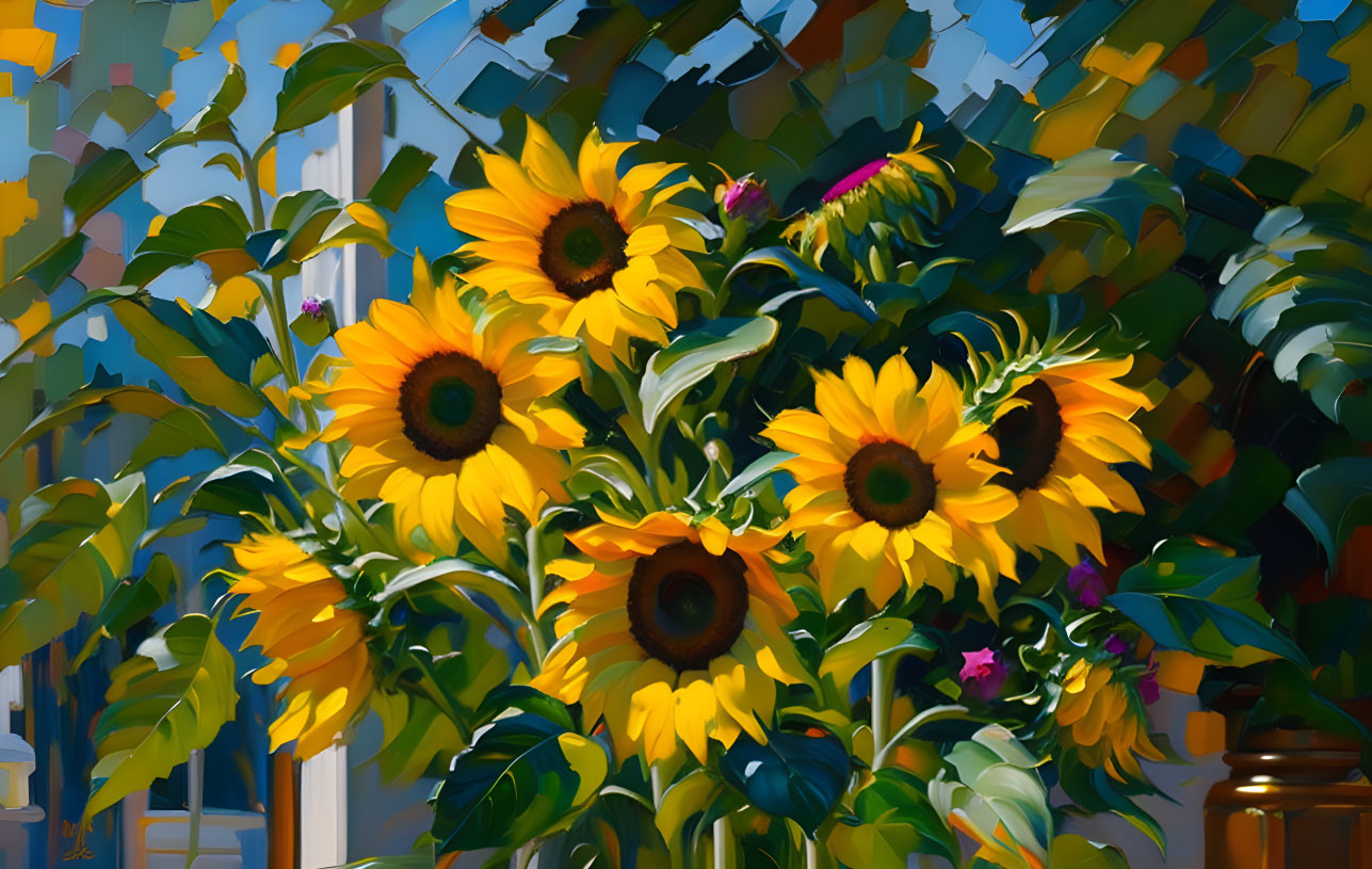 Colorful digital painting of vibrant sunflowers against greenery and fence