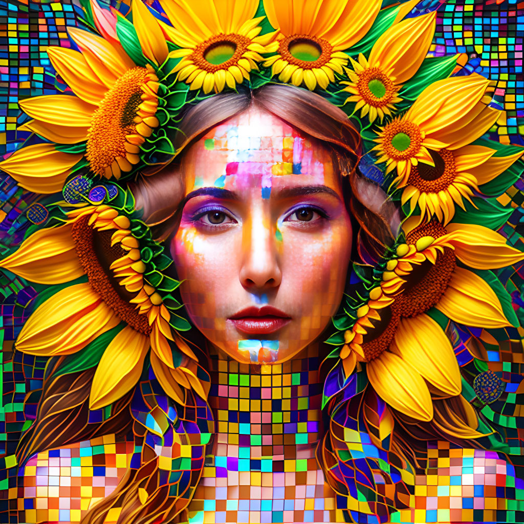 Woman with Sunflower Crown and Mosaic Patterns: Colorful and Artistic