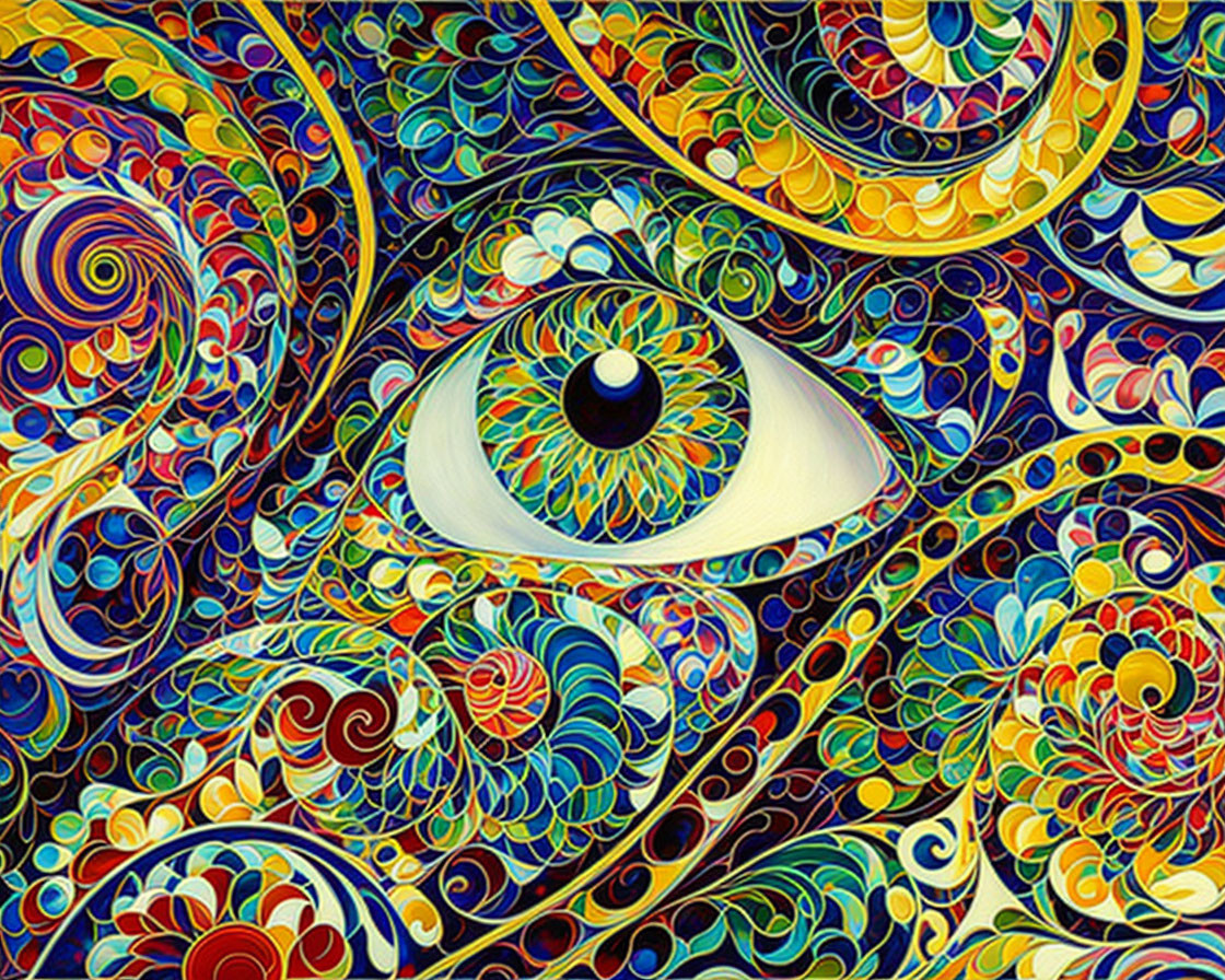 Colorful Psychedelic Eye Artwork with Swirling Patterns and Floral Designs