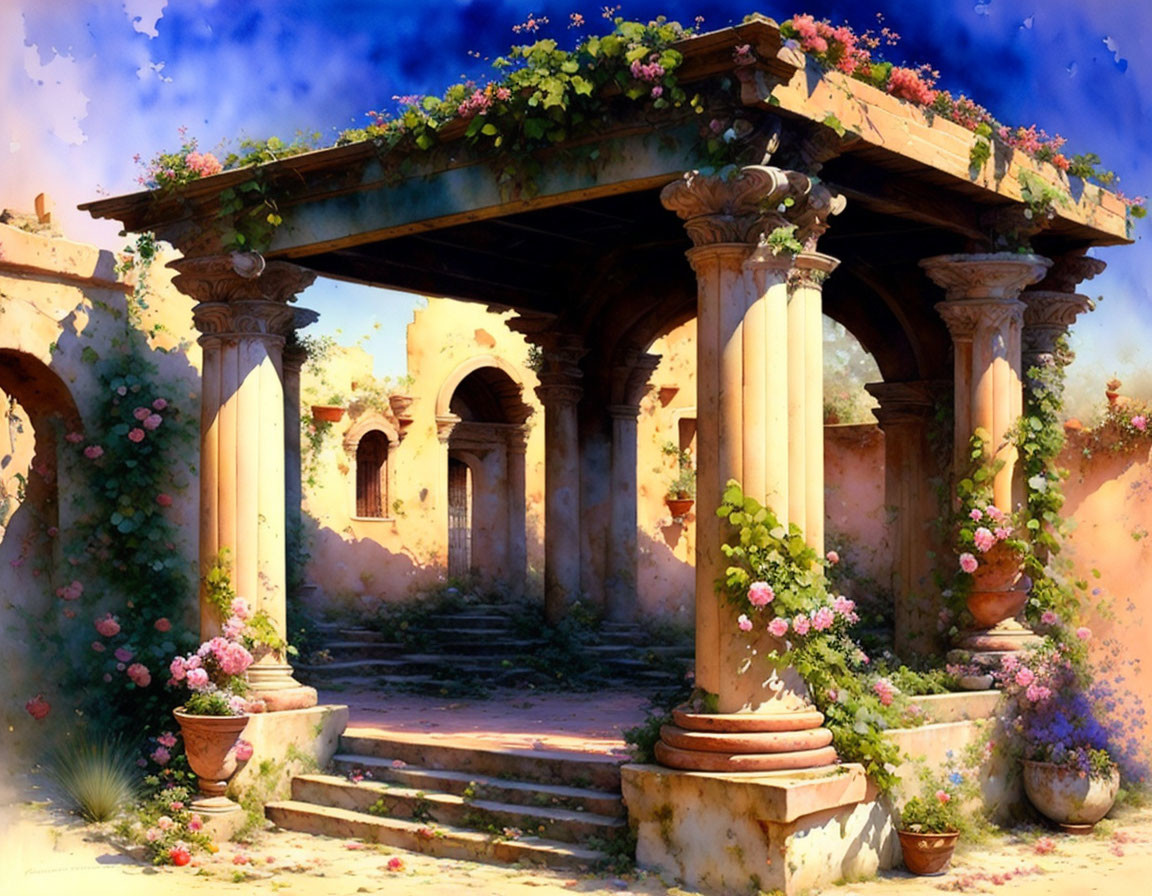 Sunlit overgrown garden with ruins, stone columns, arches, lush flowers, vibrant blue sky