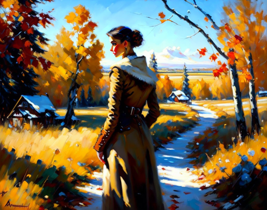 Woman in vintage coat amid vibrant autumn foliage