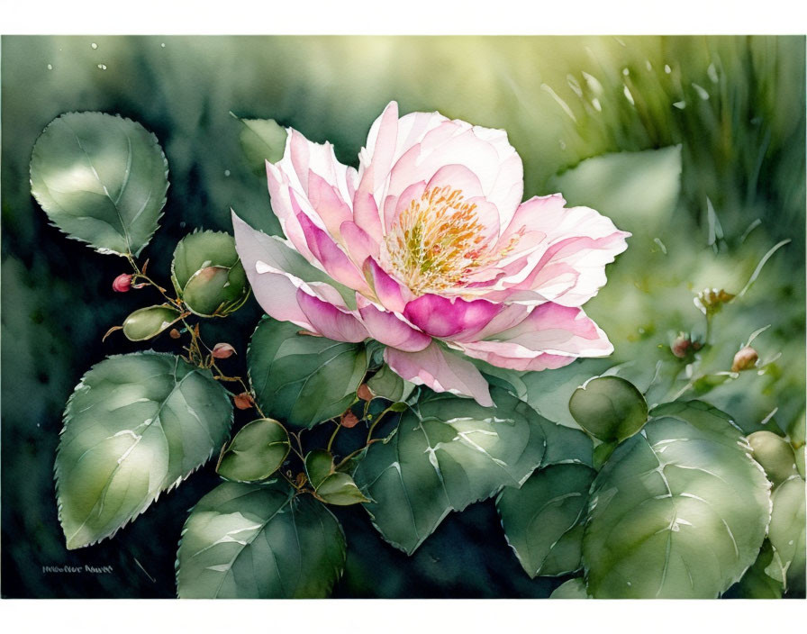 Delicate Pink Peony Watercolor Painting with Green Leaves and Buds