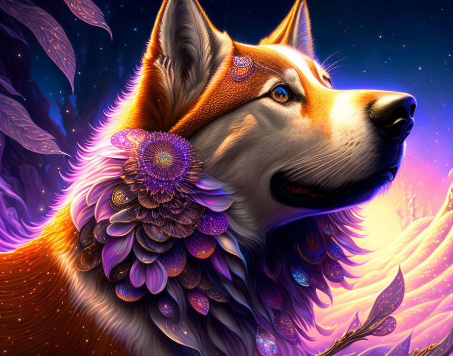 Colorful Dog Illustration with Jewel-Like Fur Detailing on Cosmic Background