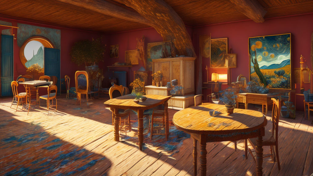 Sunlit Interior with Van Gogh-Inspired Decor & Artistic Atmosphere