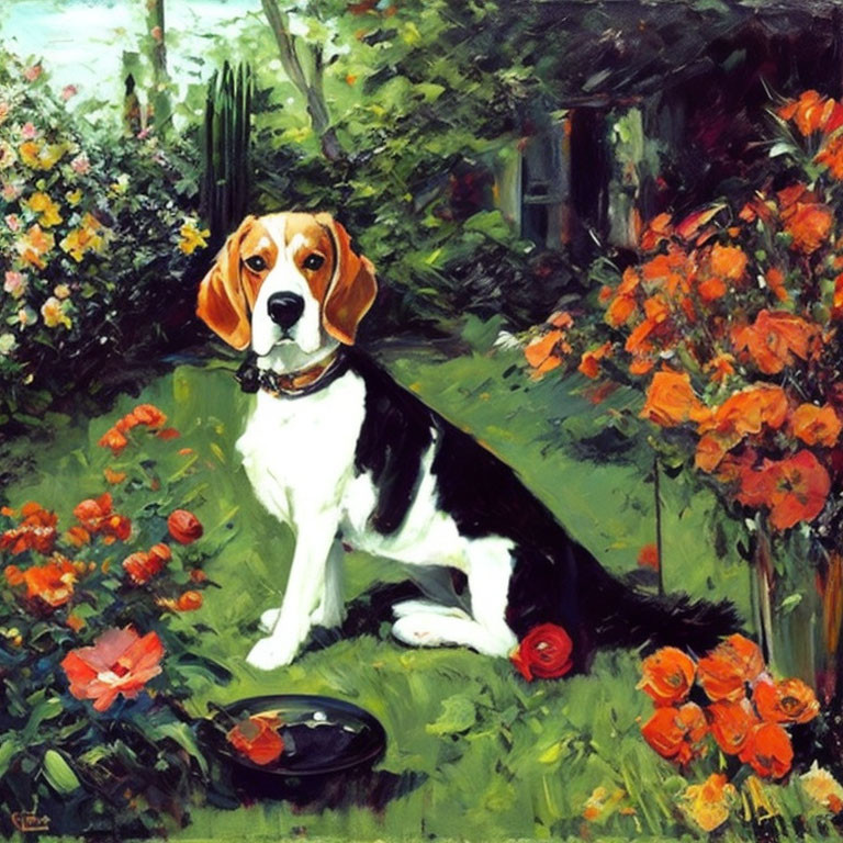 Beagle in Lush Garden with Colorful Flowers