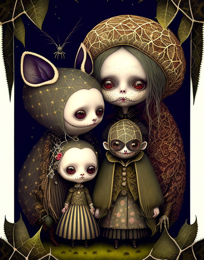 Three eerie big-eyed characters in cat-like costume surrounded by leaves and spider on dark backdrop