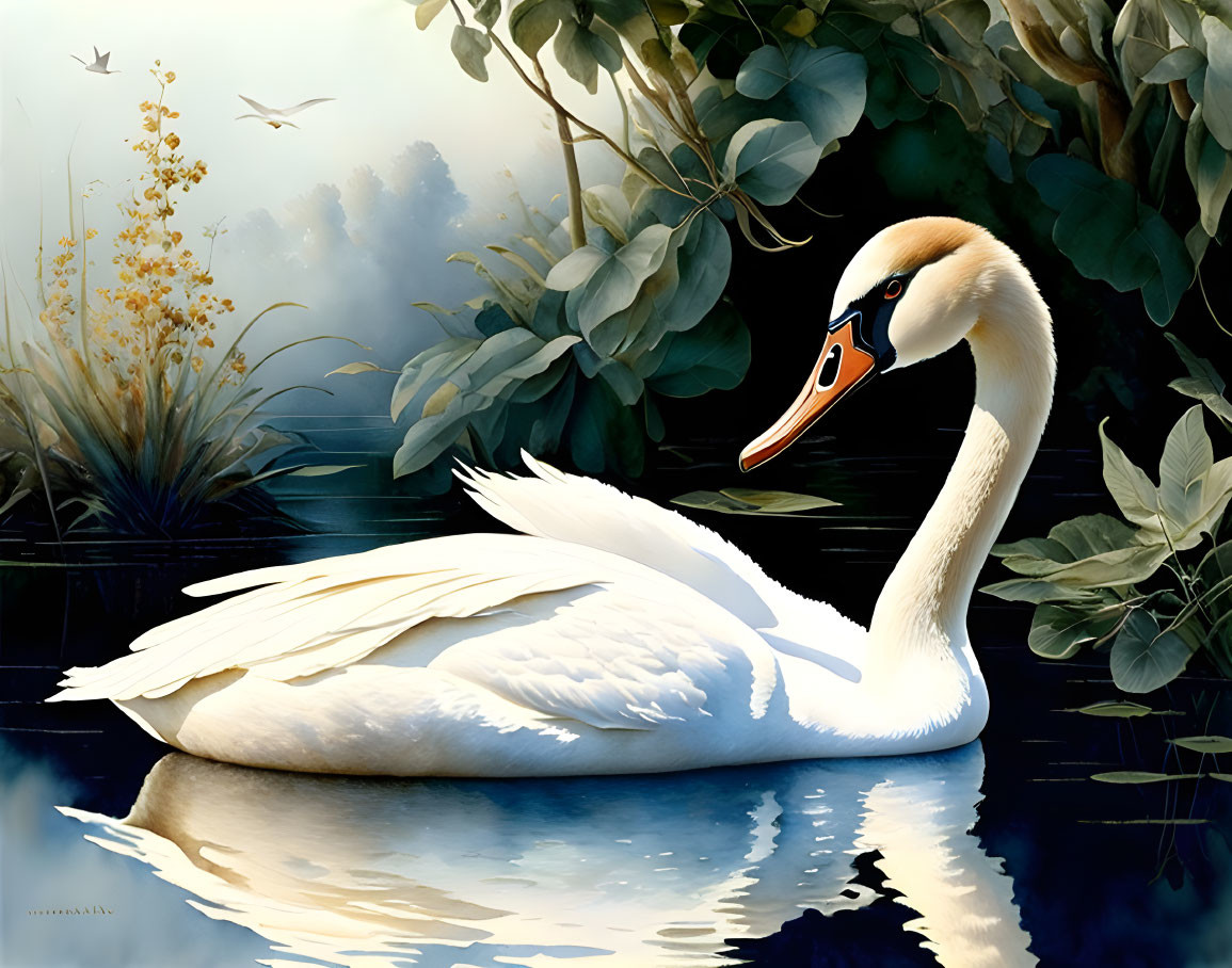 Graceful white swan on calm water with lush green foliage