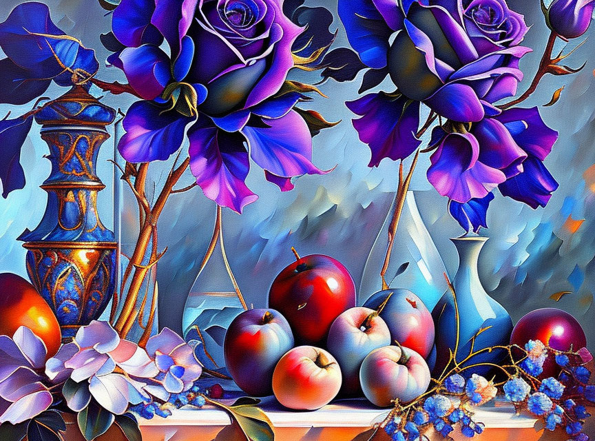 Colorful Still-Life Painting with Purple Roses, Red Apples, and Blue Vase