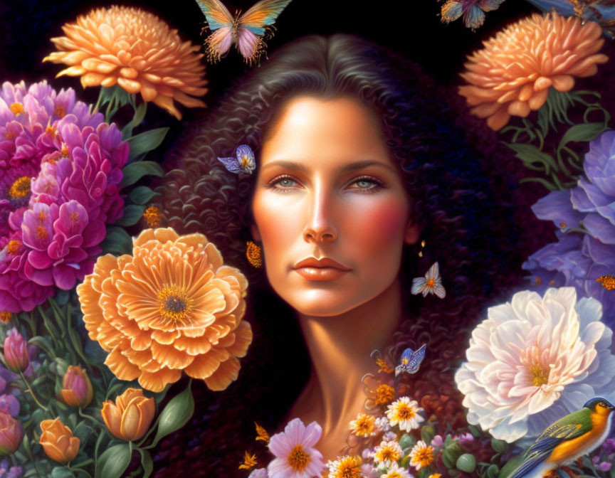 Portrait of a Woman with Flowers, Butterflies, and Bird in Mystical Setting