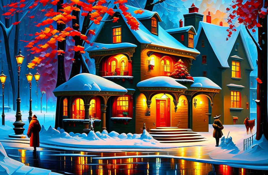 Snow-covered houses and glowing windows in vibrant winter scene.