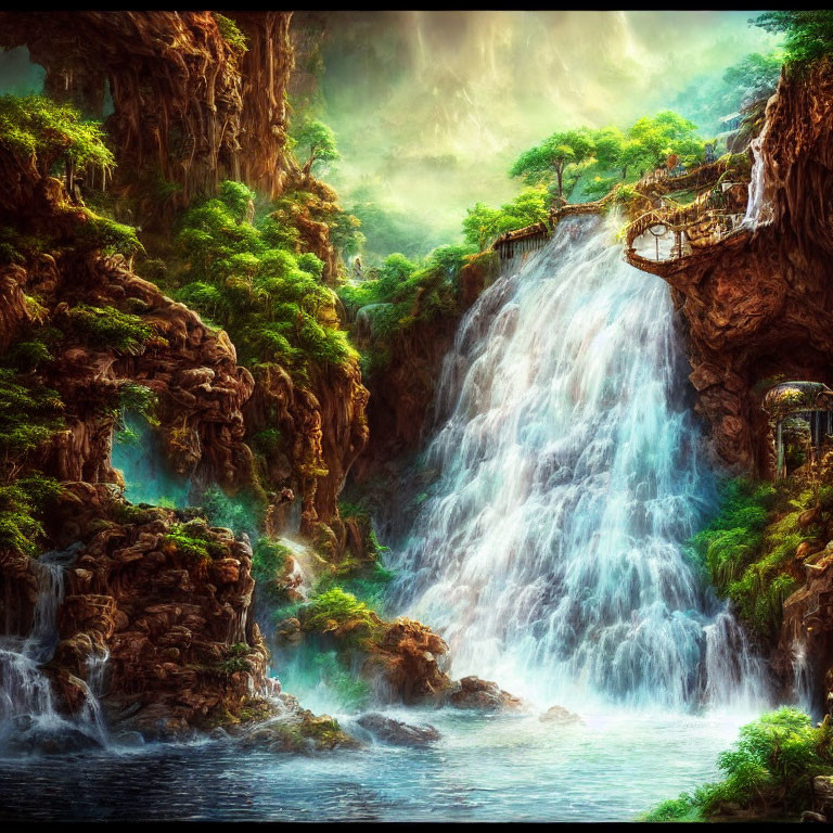 Mystical Waterfall in Lush Setting with Sunlight