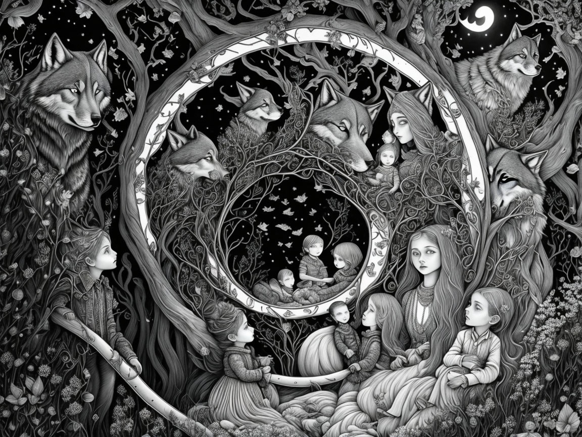 Monochrome fantasy illustration of women, children, and wolves in forest setting