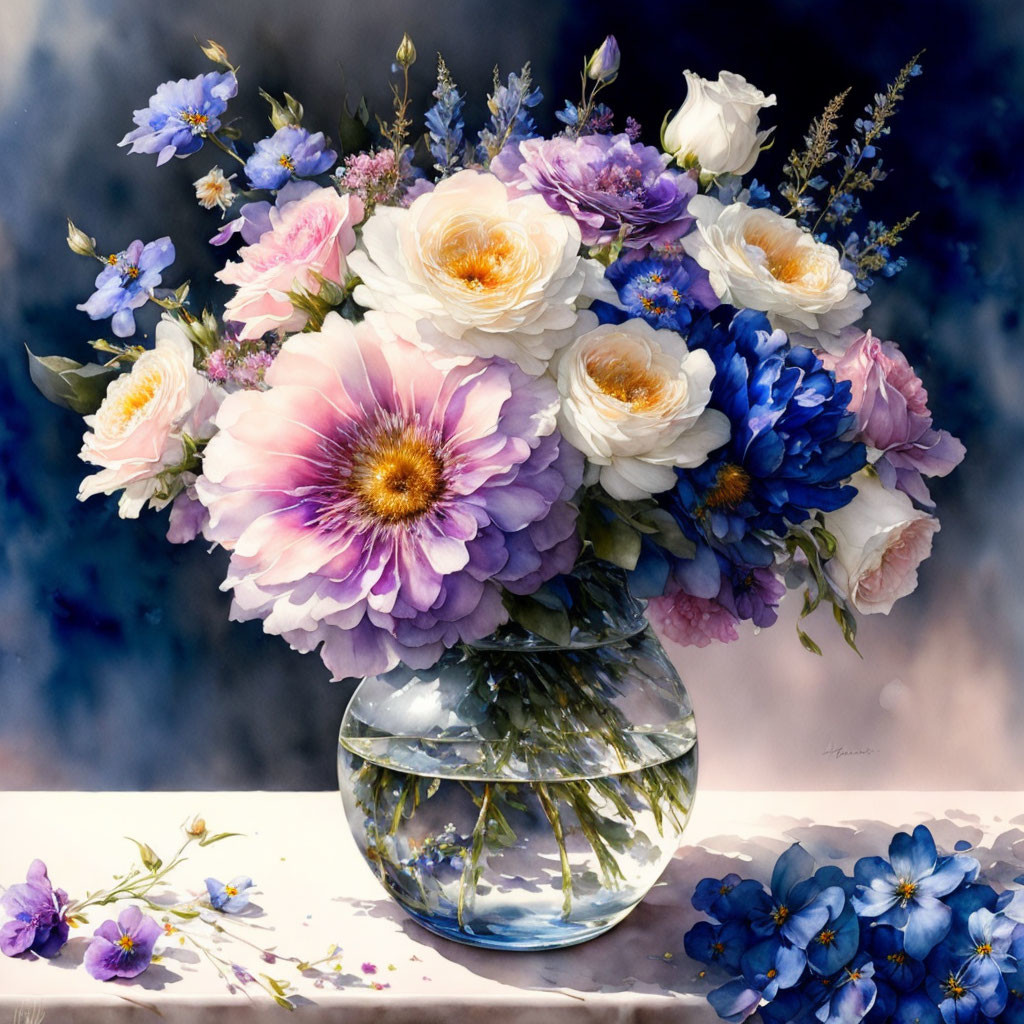 Colorful Mixed Flowers in Clear Glass Vase on Soft-focus Background