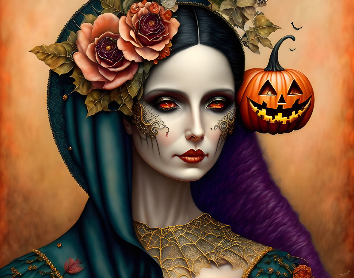 Gothic woman portrait with dark makeup, floral headdress, and pumpkin on orange backdrop