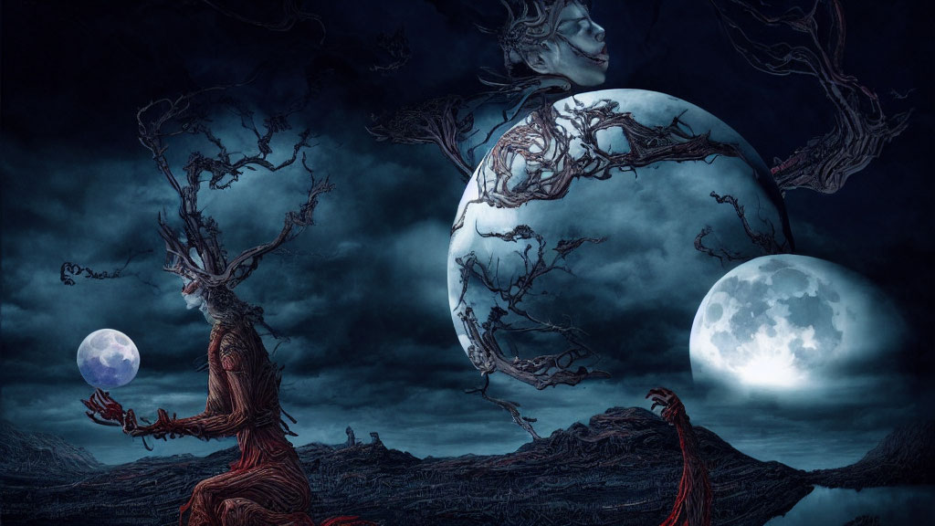 Fantastical tree-like humanoid with glowing orb in barren landscape