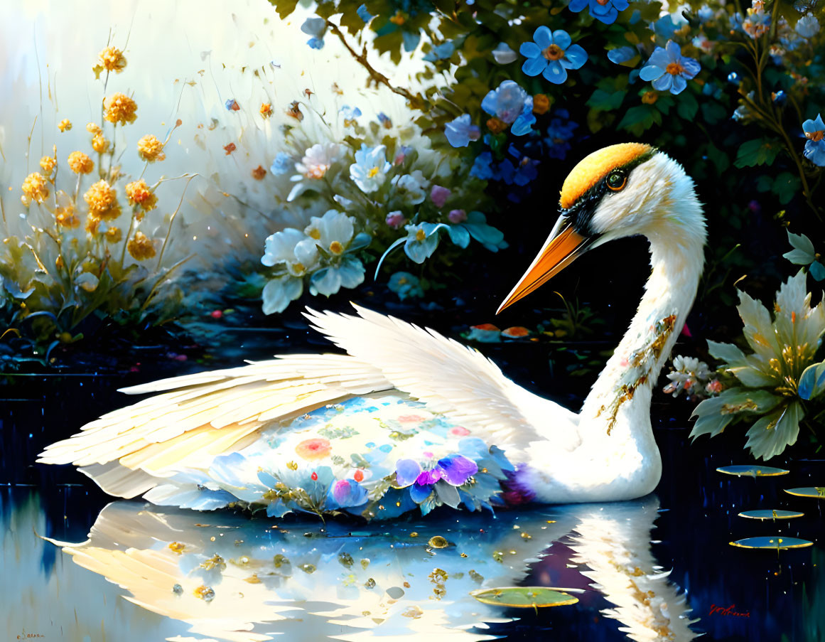 Swan with floral patterns resting on tranquil water surrounded by vibrant flowers