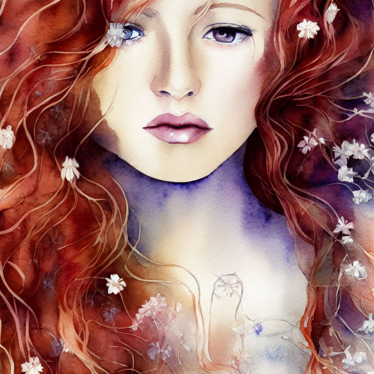 Watercolor portrait of woman with red hair and white flowers on purple background