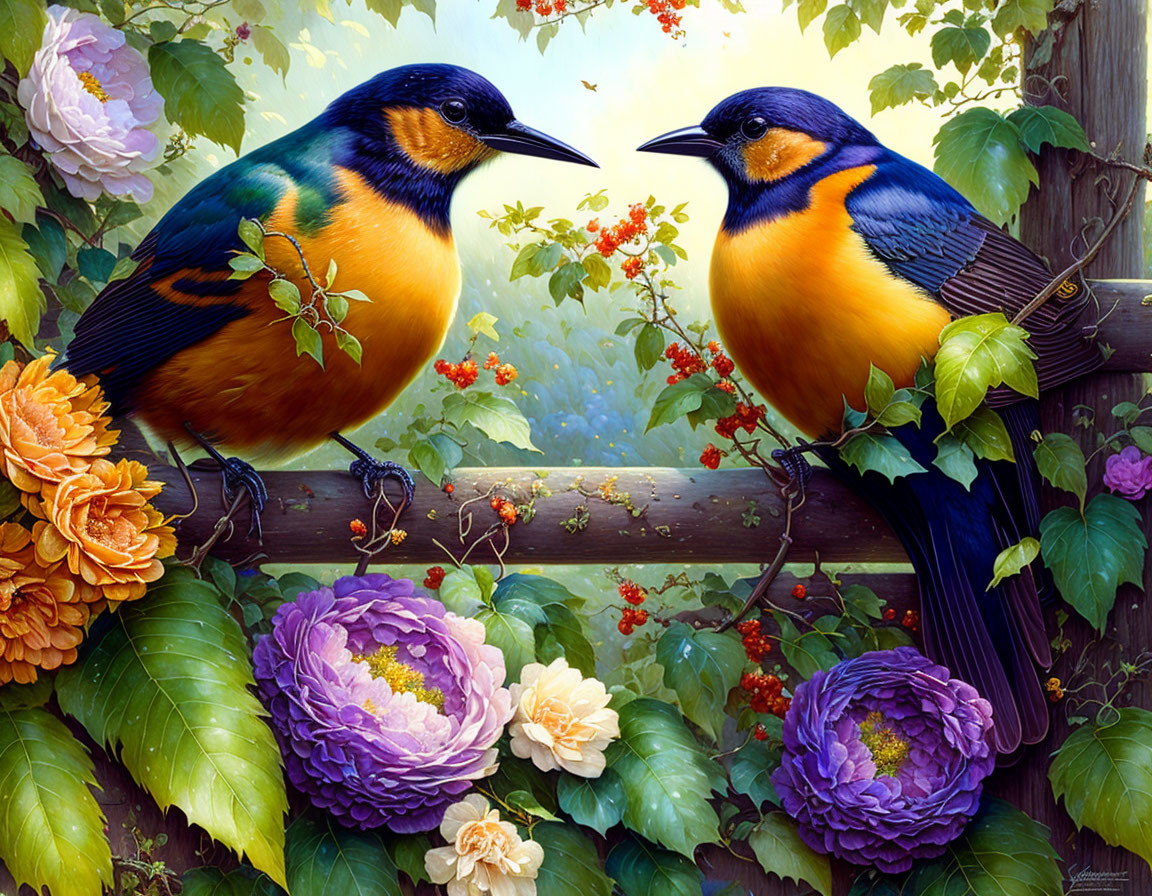 Vibrant orange-and-blue birds on branch with greenery and flowers