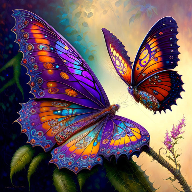 Colorful Digital Artwork: Two Intricately Patterned Butterflies on Illuminated Foliage