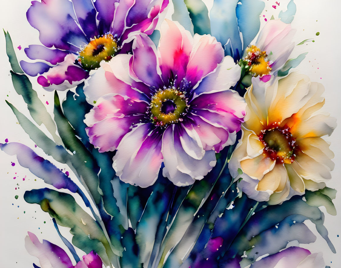 Colorful Watercolor Painting of Blooming Flowers