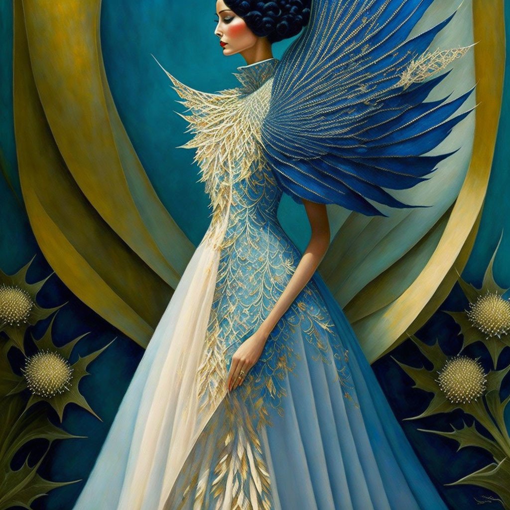 Woman with Blue Bird-Like Wings in Gold Dress on Blue Background