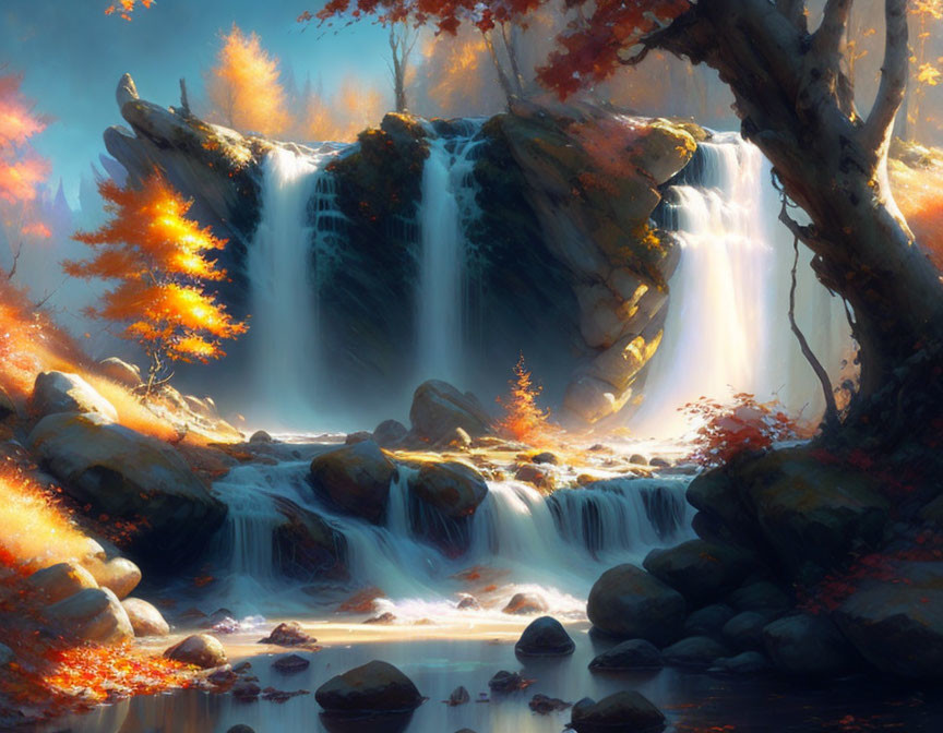 Autumn foliage surrounds tranquil waterfall in warm sunlight