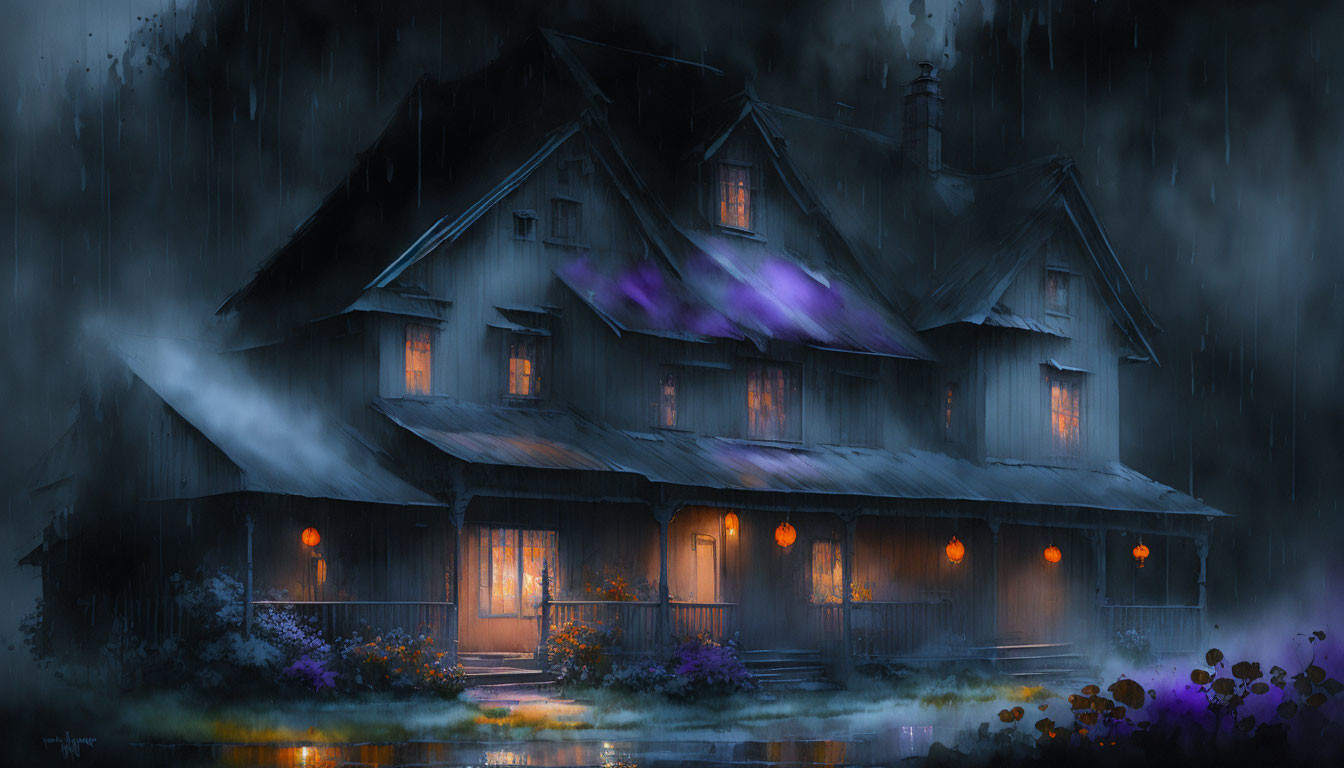 Spacious two-story house with warm lights in rainy setting