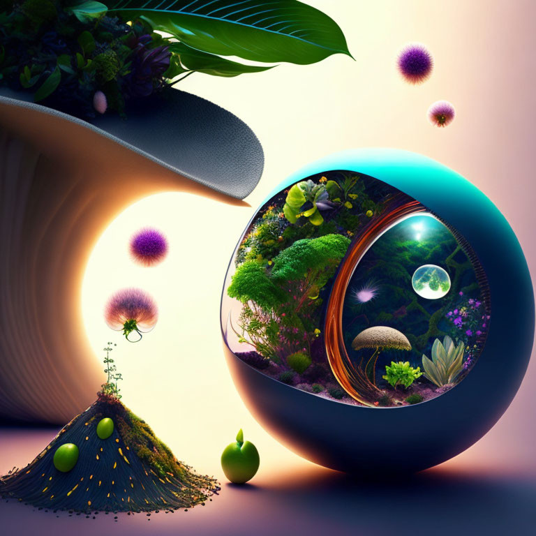 Colorful digital art: spherical terrarium with greenery, abstract shapes, horn vase.