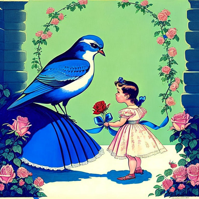 Young girl in pink dress offers flower to giant blue bird in floral setting