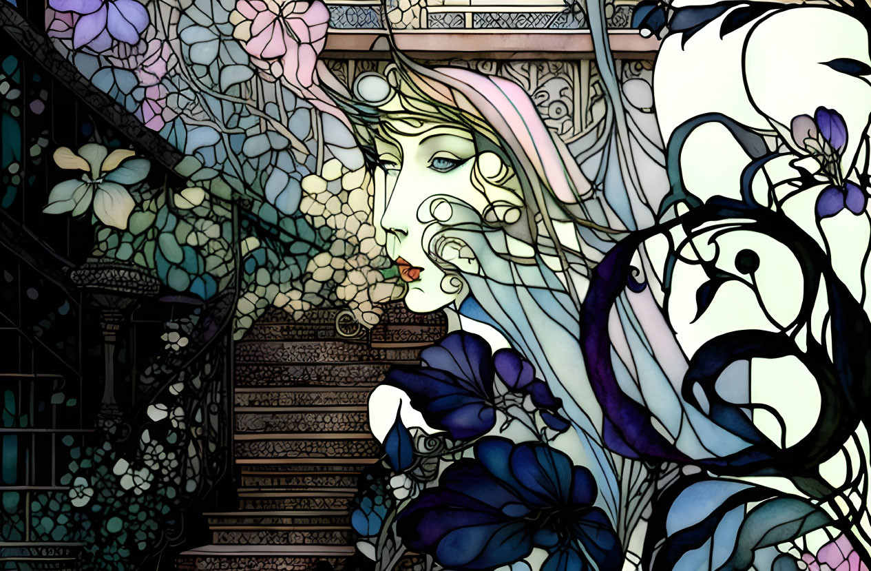 Ethereal woman's face in stained glass style with flowing hair and vibrant flowers