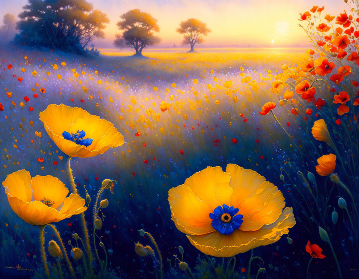 Colorful field with yellow wildflowers and orange poppies under a sunset sky