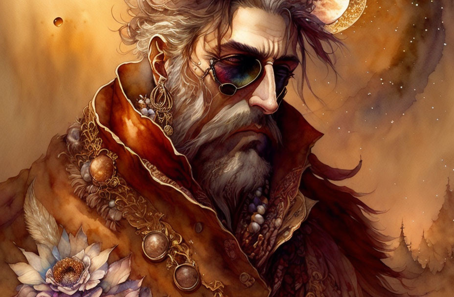 Regal man with long beard in ornate robes and sunglasses, autumnal color palette