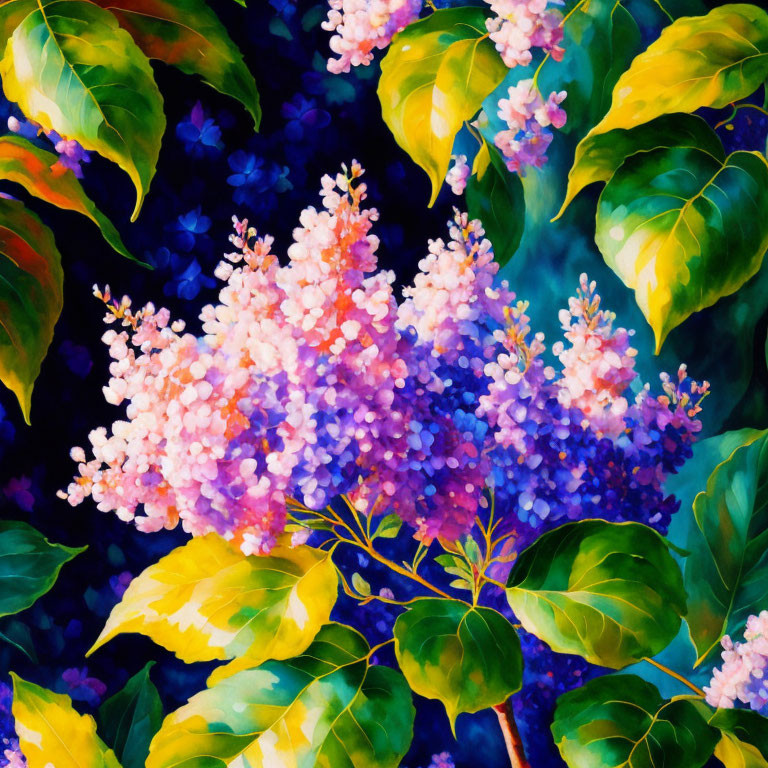 Purple Lilac Blossoms Painting on Dark Background