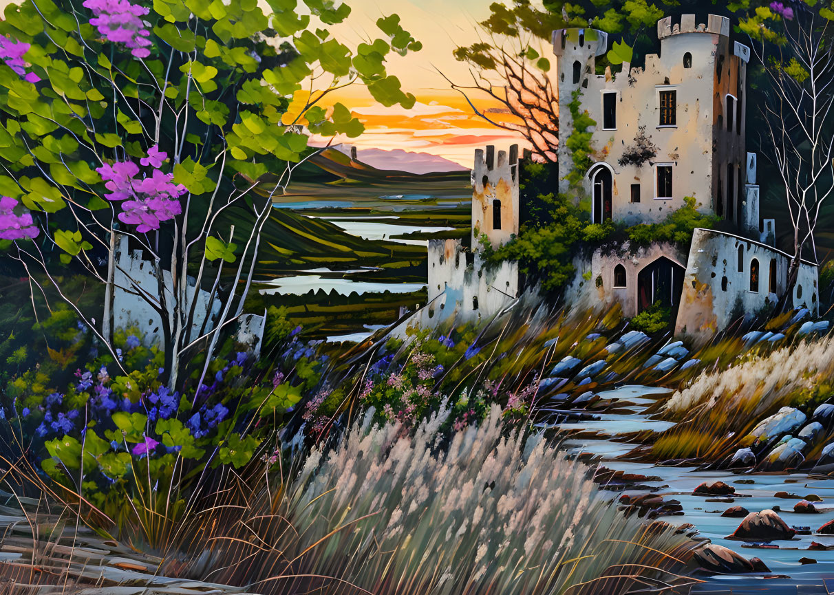 Castle ruins painting: Sunset river scene with hills and greenery