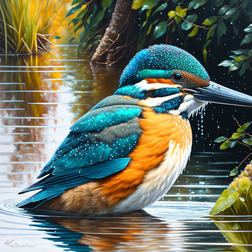 Colorful Kingfisher Bird Perched by Reflective Water