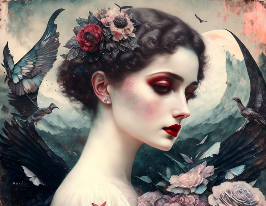 Dark-haired woman with red makeup, floral decorations, and ethereal birds.