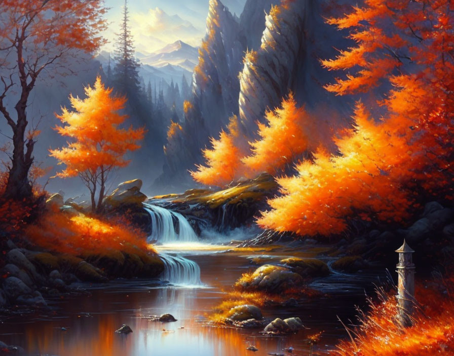 Scenic autumn landscape with waterfall, river, lantern, and mountain.