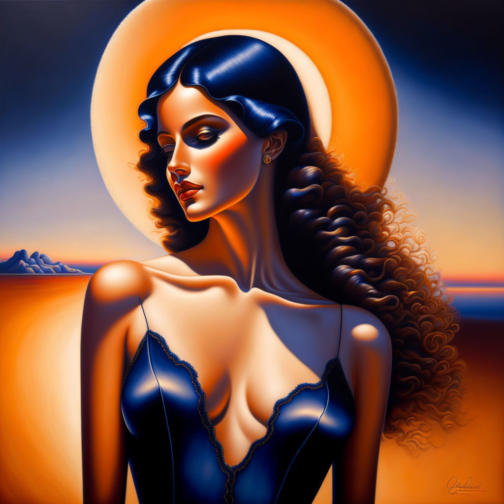 Artistic portrait of woman with halo effect, sunset background, and flowing dark hair