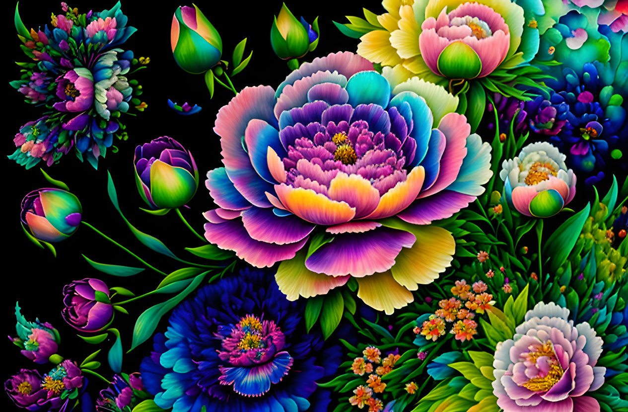 Colorful Digital Art: Vibrant Flowers in Purple, Blue, and Yellow