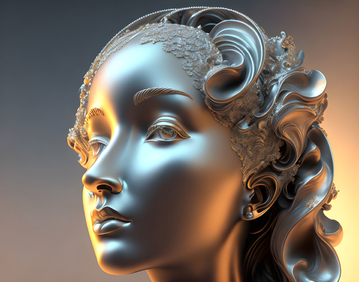 Metallic female face with ornate designs on warm gradient background