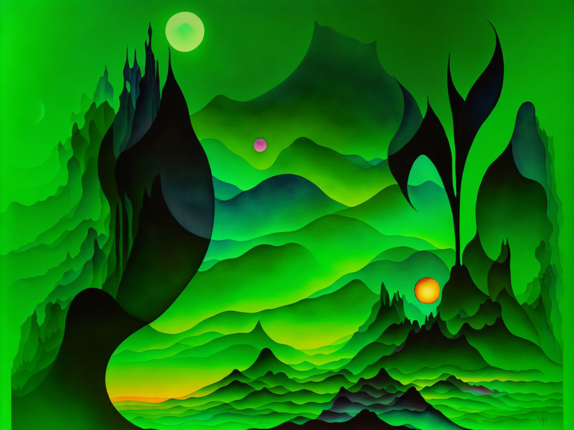 Surreal Green Landscape with Layered Hills and Orbs